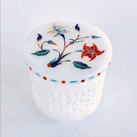 Marble Trinket Box Inlaid/w Semi Precious Stones - Picture 1 of 14